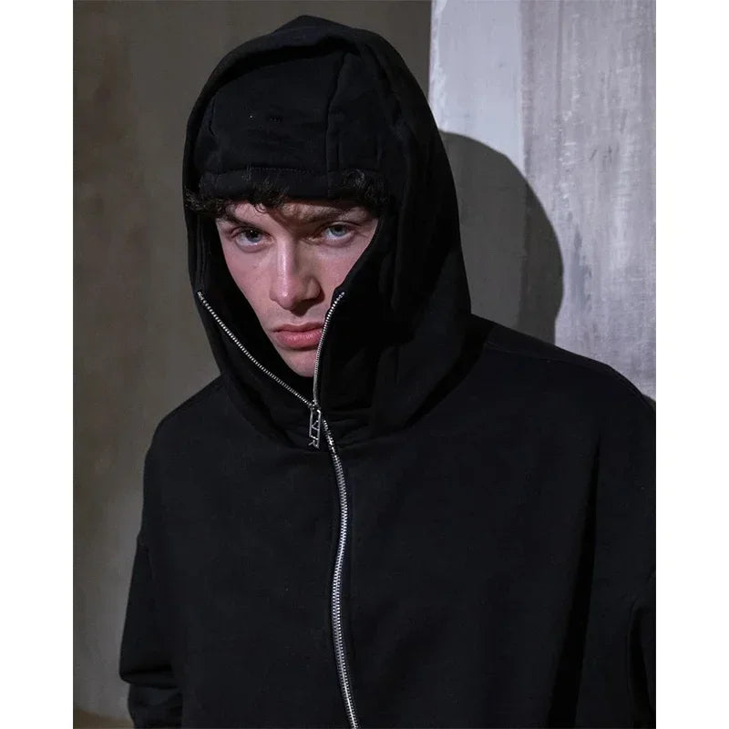 Black double hood zip hoodie worn by model