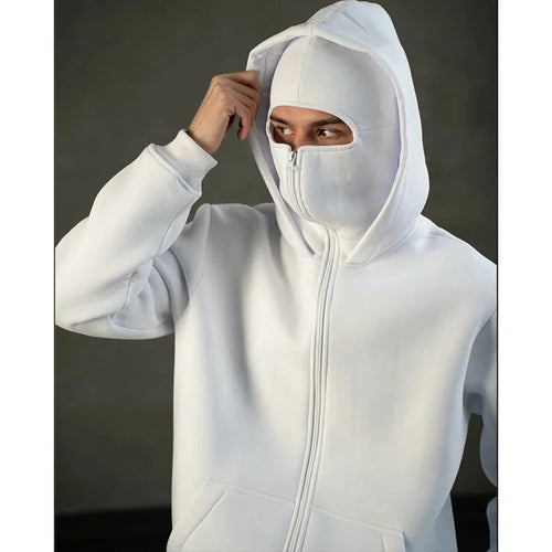 White double hood zip hoodie with face zip closed